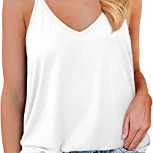 Jescakoo Womens V Neck Spaghetti Strap Sleeveless Shirts Loose Tank Tops - Picture 4 of 4